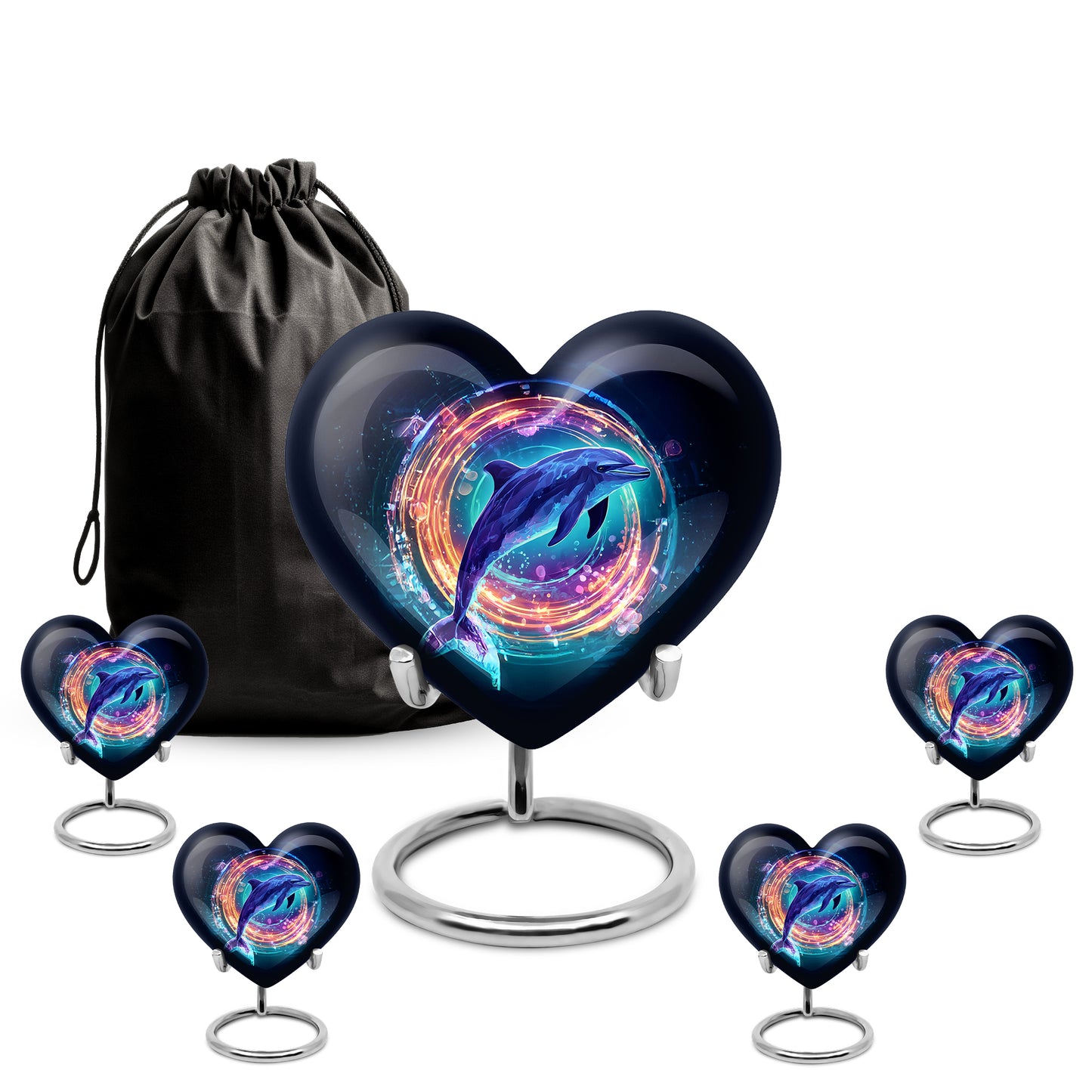 Deep Black Dolphin Cremation Urn close-up of engraving and surface detail - loving heart memorial featuring dolphin pattern - memorial set with one large and four small urns