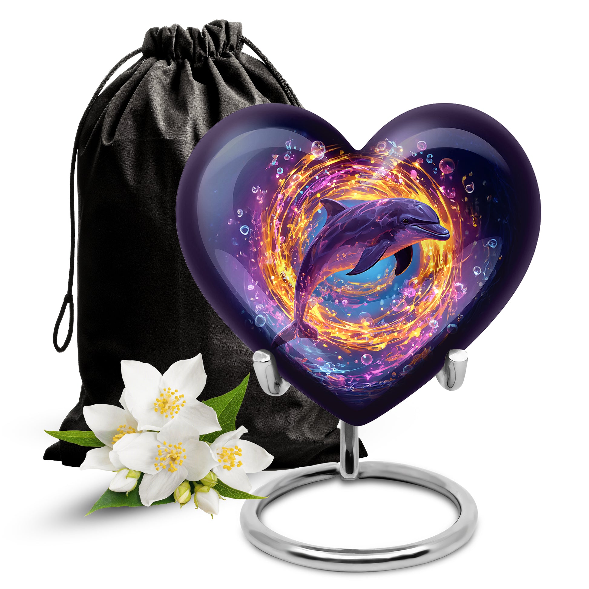 Twilight Blue Dolphin Cremation Urn detail view - romantic heart urn with dolphin motif on aluminum - full-size 10 inch 200 cubic inch adult cremation urn