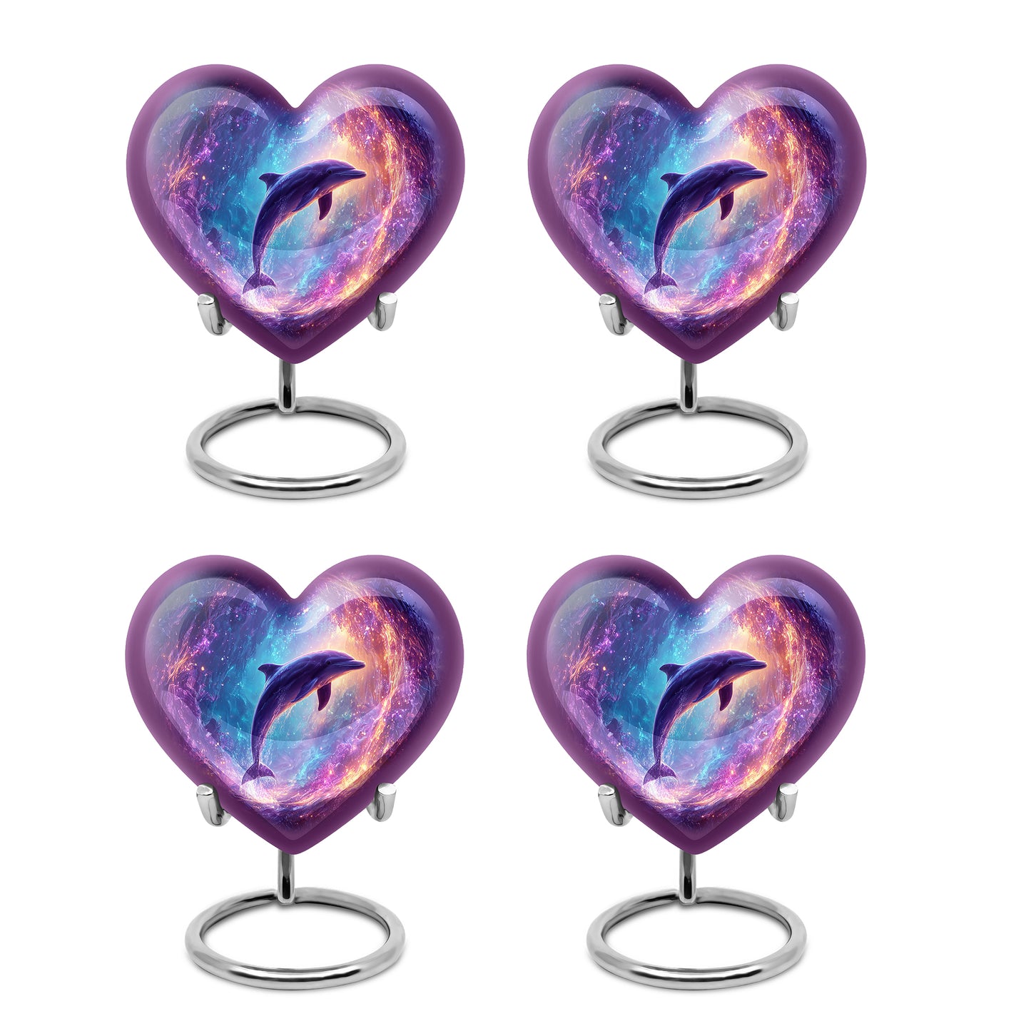 Pastel Blue Dolphin Cremation Urn angled view of lid and engraved motif - loving heart memorial featuring dolphin pattern - 10 inch aluminum urn for cremated remains