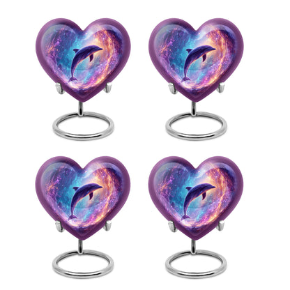 Pastel Blue Dolphin Cremation Urn angled view of lid and engraved motif - loving heart memorial featuring dolphin pattern - 10 inch aluminum urn for cremated remains