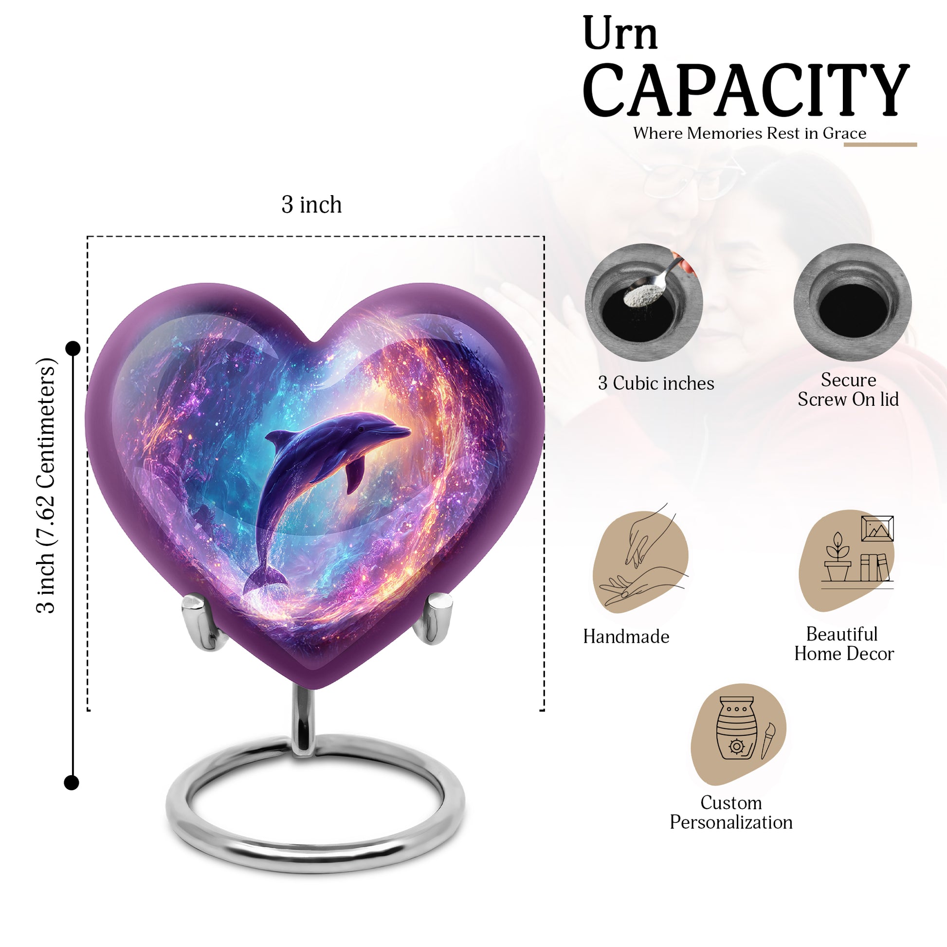 Bright Blue Dolphin Cremation Urn front view showing detailed design - romantic heart urn with dolphin motif on aluminum - mini keepsake memorial for portion of cremation ashes