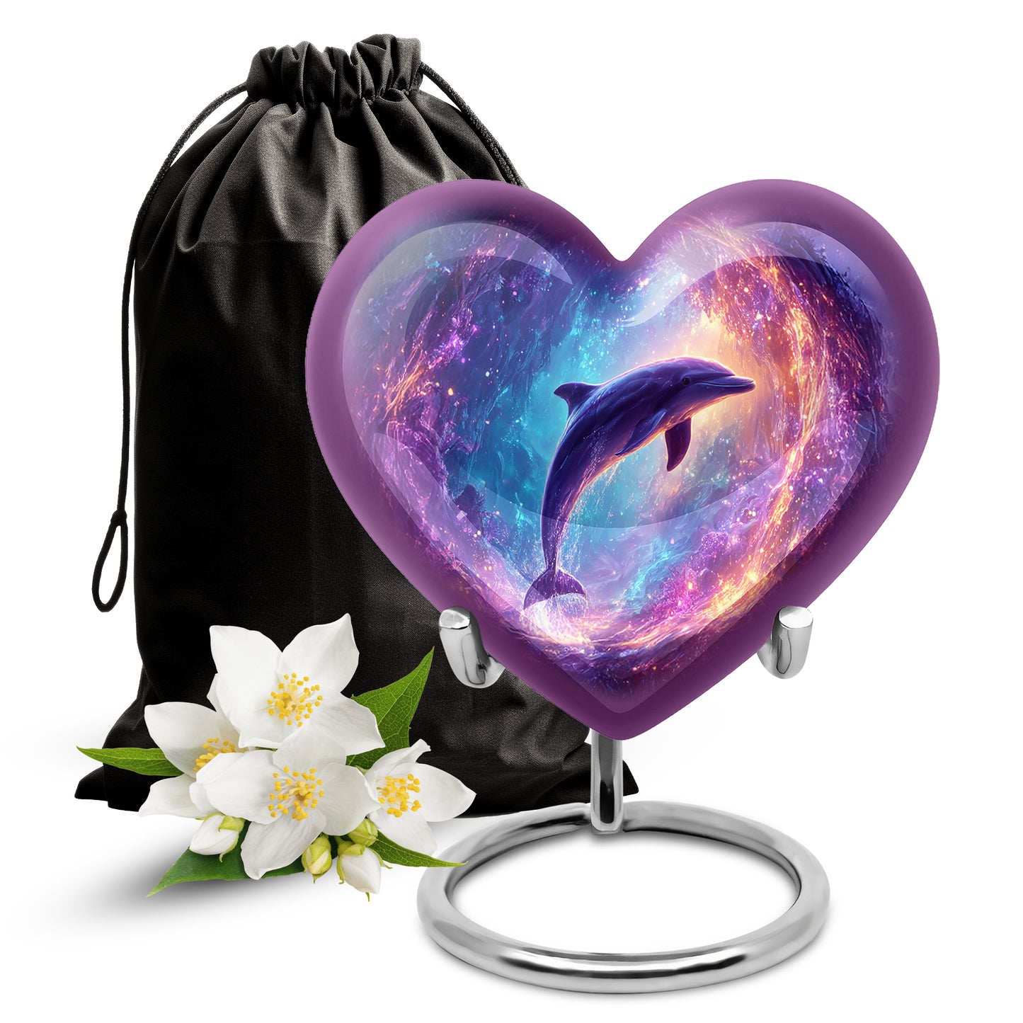 Pastel Blue Dolphin Cremation Urn detail view - loving heart memorial featuring dolphin pattern - full-size 10 inch 200 cubic inch adult cremation urn