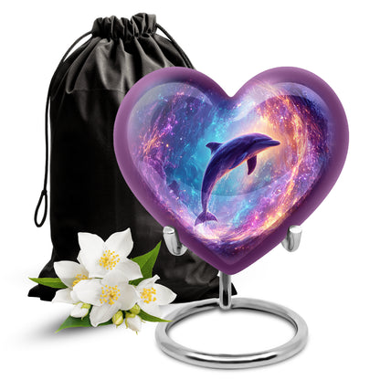 Pastel Blue Dolphin Cremation Urn detail view - loving heart memorial featuring dolphin pattern - full-size 10 inch 200 cubic inch adult cremation urn