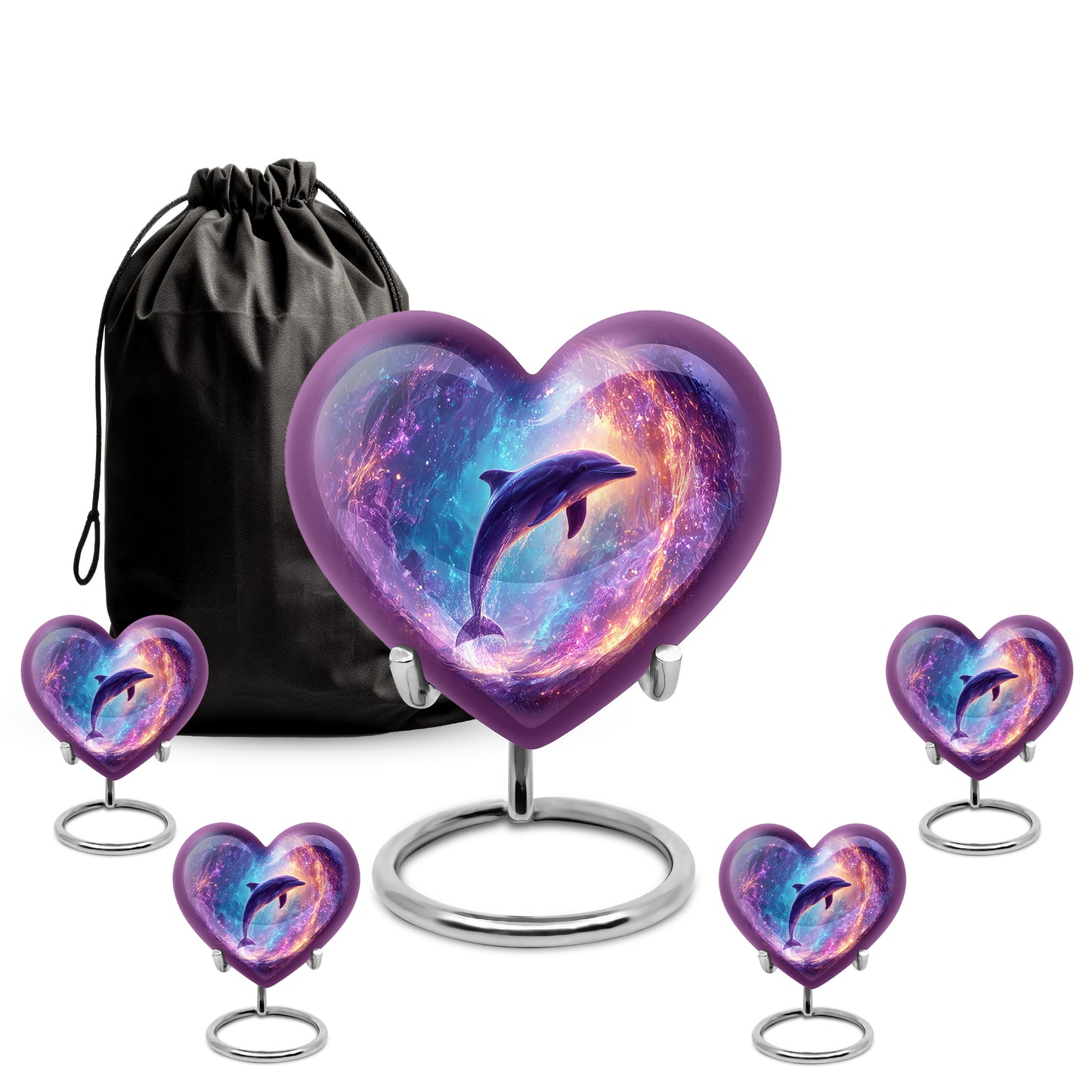 Royal Blue Dolphin Cremation Urn close-up of engraving and surface detail - romantic heart urn with dolphin motif on aluminum - memorial set with one large and four small urns