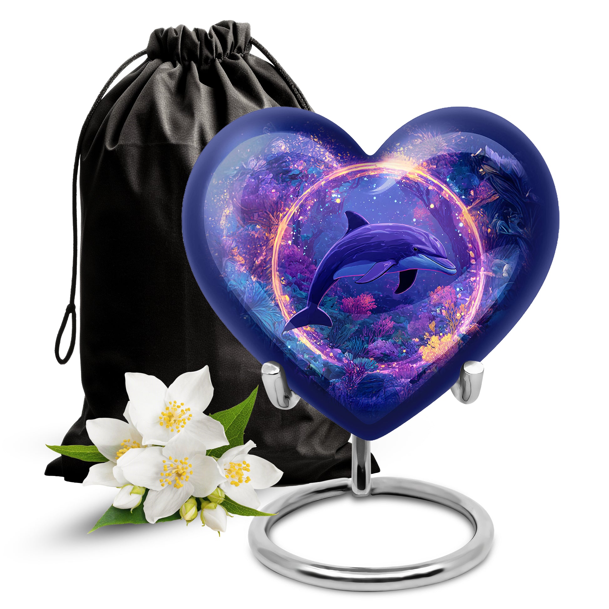 Serene Blue Dolphin Cremation Urn detail view - compassionate heart-dolphin combination with gentle curves - full-size 10 inch 200 cubic inch adult cremation urn