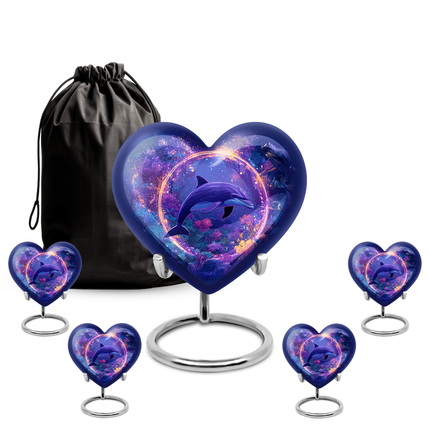Pastel Blue Dolphin Cremation Urn close-up of engraving and surface detail - heart-shaped dolphin design symbolizing eternal love - memorial set with one large and four small urns