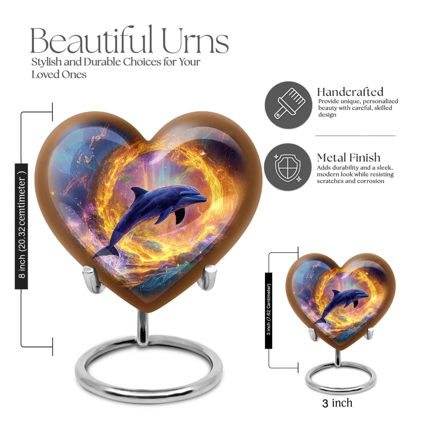 Steel Blue Dolphin Cremation Urn front view showing detailed design - romantic heart urn with dolphin motif on aluminum - mini keepsake memorial for portion of cremation ashes