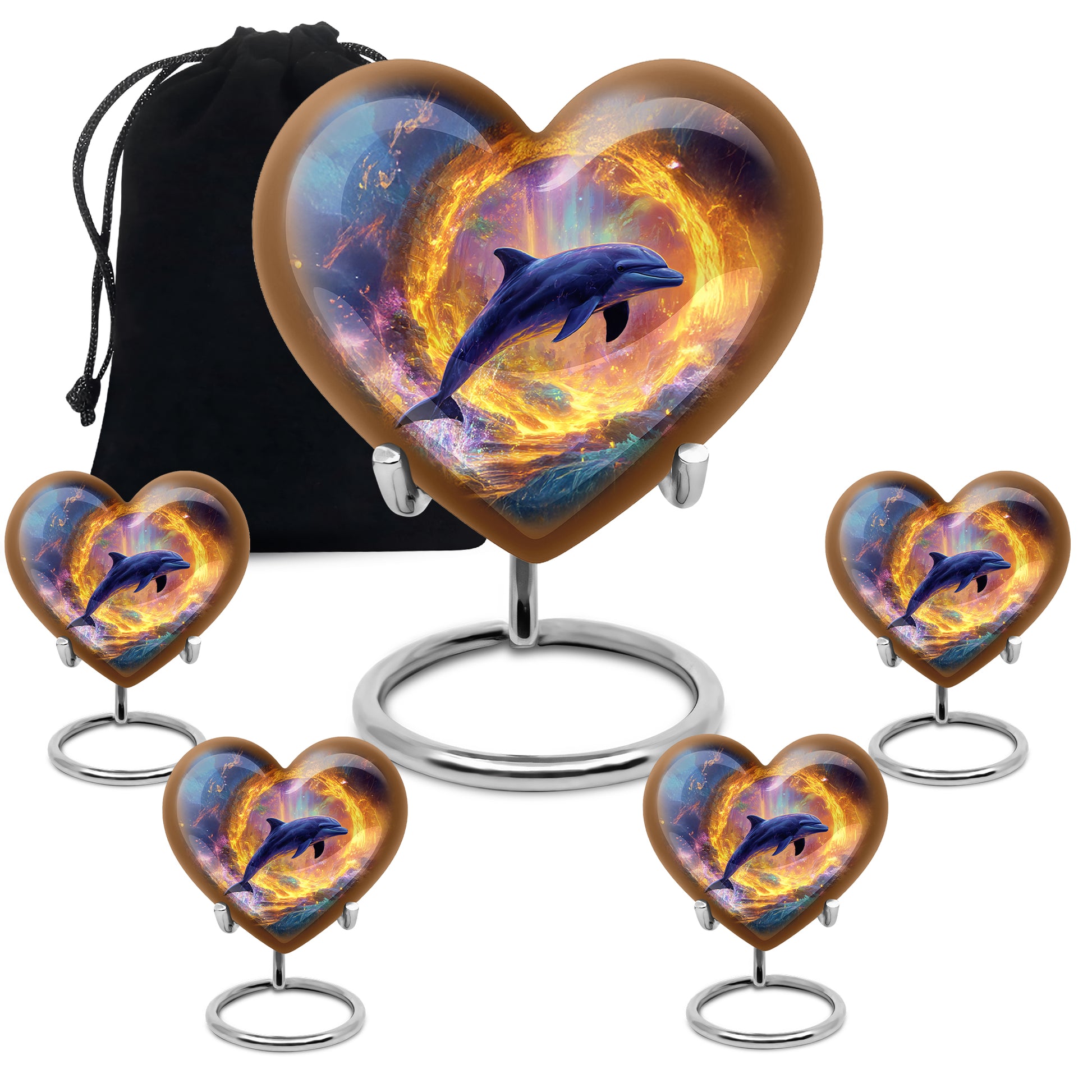 Vivid Blue Dolphin Cremation Urn close-up of engraving and surface detail - romantic heart urn with dolphin motif on aluminum - memorial set with one large and four small urns