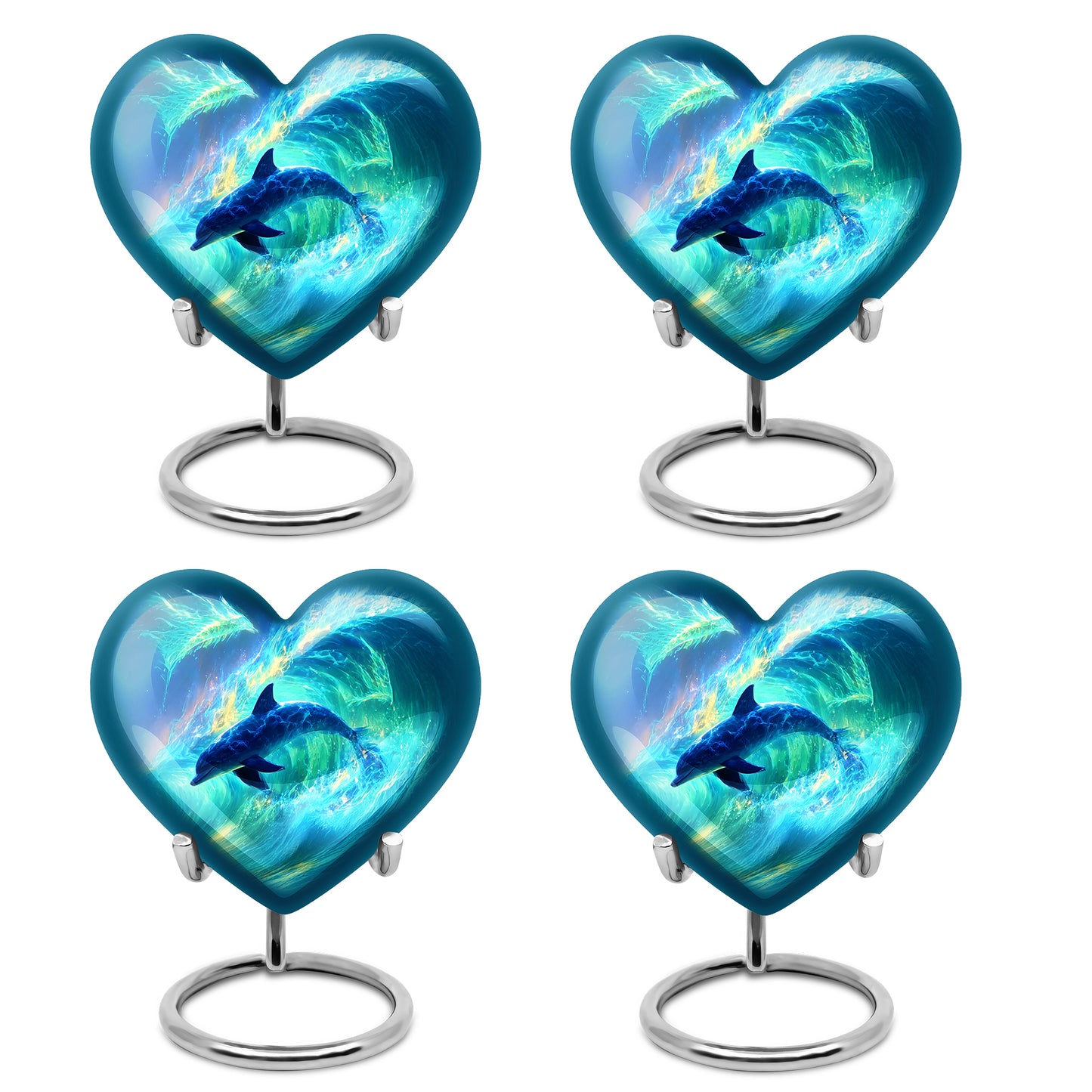 Navy Blue Dolphin Cremation Urn angled view of lid and engraved motif - heart-shaped dolphin design symbolizing eternal love - 10 inch aluminum urn for cremated remains