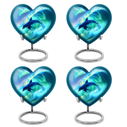 Navy Blue Dolphin Cremation Urn angled view of lid and engraved motif - heart-shaped dolphin design symbolizing eternal love - 10 inch aluminum urn for cremated remains
