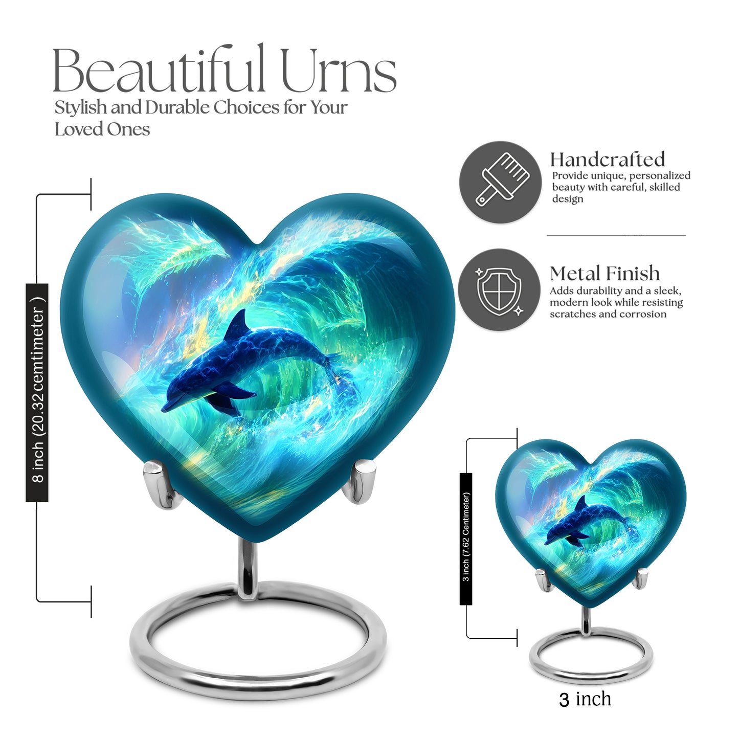 Soft Blue Dolphin Cremation Urn front view showing detailed design - compassionate heart-dolphin combination with gentle curves - mini keepsake memorial for portion of cremation ashes