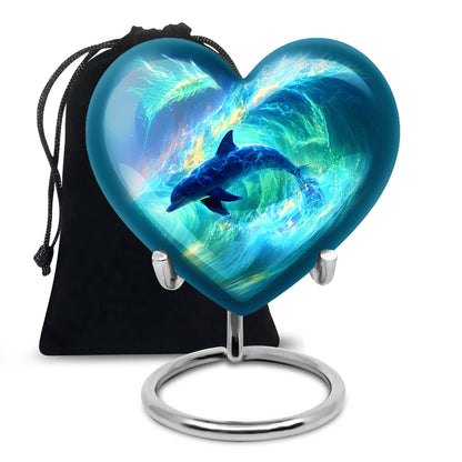 Bright Blue Dolphin Cremation Urn detail view - romantic heart urn with dolphin motif on aluminum - full-size 10 inch 200 cubic inch adult cremation urn