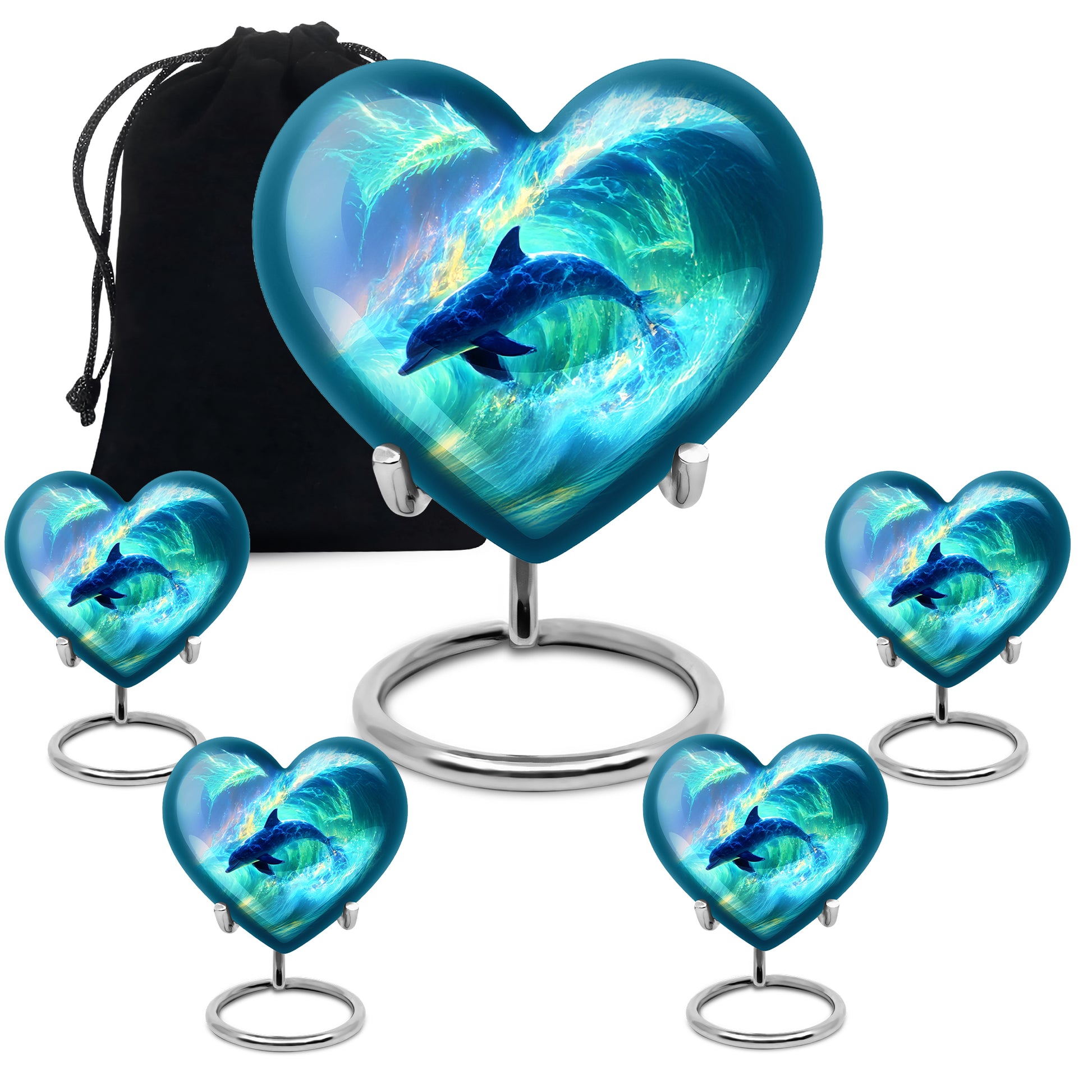 Sapphire Blue Dolphin Cremation Urn close-up of engraving and surface detail - compassionate heart-dolphin combination with gentle curves - memorial set with one large and four small urns