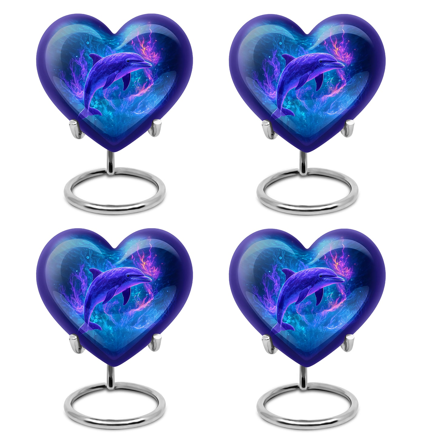 Cornflower Blue Dolphin Cremation Urn angled view of lid and engraved motif - compassionate heart-dolphin combination with gentle curves - 10 inch aluminum urn for cremated remains