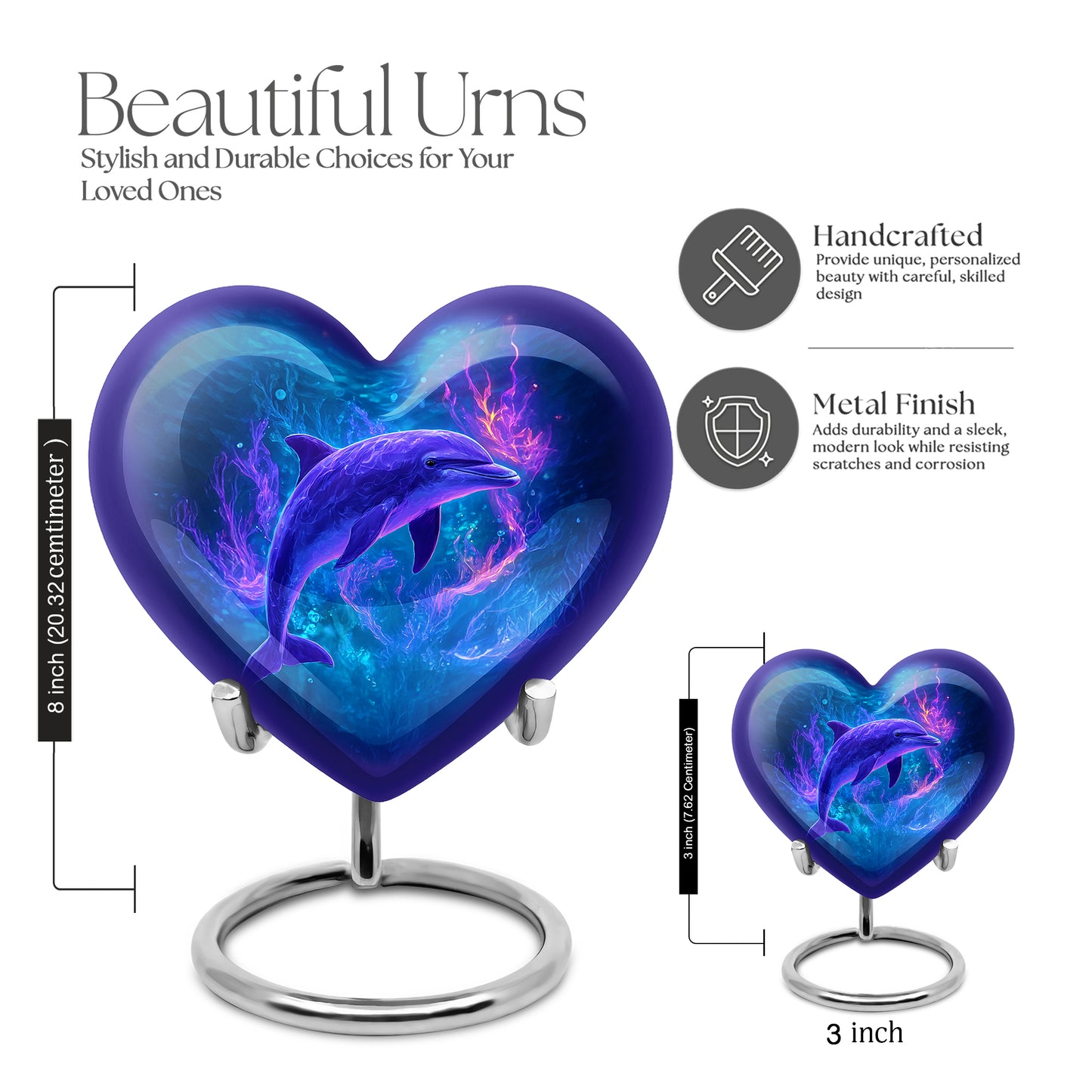 Pastel Blue Dolphin Cremation Urn front view showing detailed design - heart-shaped dolphin design symbolizing eternal love - mini keepsake memorial for portion of cremation ashes
