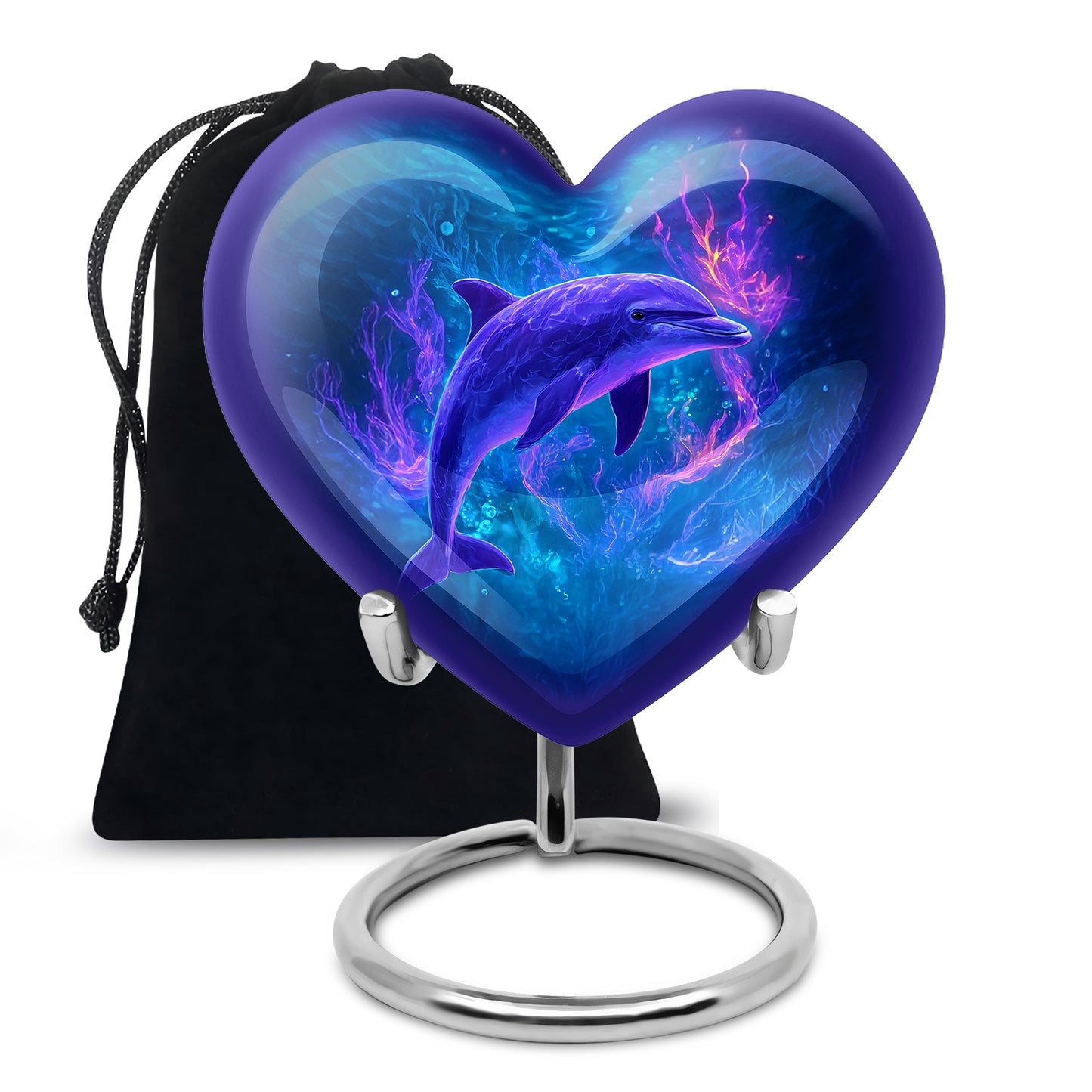 Celestial Blue Dolphin Cremation Urn detail view - heart-shaped dolphin design symbolizing eternal love - full-size 10 inch 200 cubic inch adult cremation urn