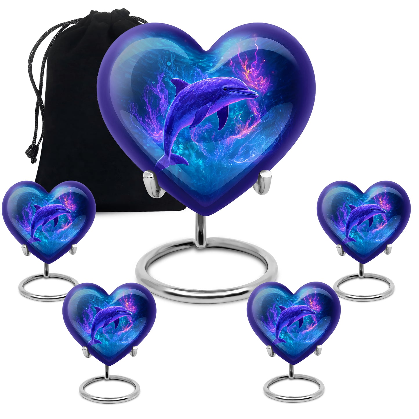 Twilight Blue Dolphin Cremation Urn close-up of engraving and surface detail - romantic heart urn with dolphin motif on aluminum - memorial set with one large and four small urns