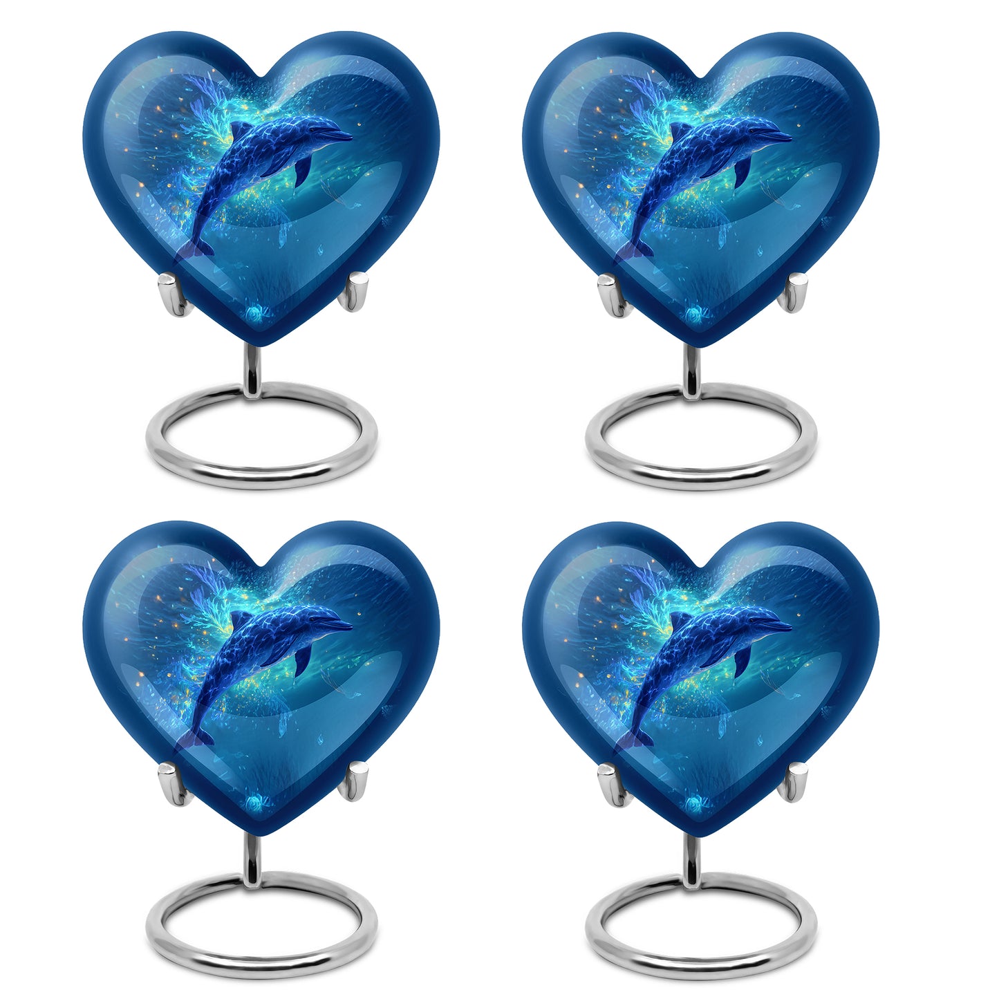 Sapphire Blue Dolphin Cremation Urn angled view of lid and engraved motif - romantic heart urn with dolphin motif on aluminum - 10 inch aluminum urn for cremated remains
