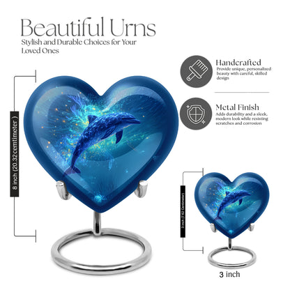 Dusty Blue Dolphin Cremation Urn front view showing detailed design - heart-shaped dolphin design symbolizing eternal love - mini keepsake memorial for portion of cremation ashes