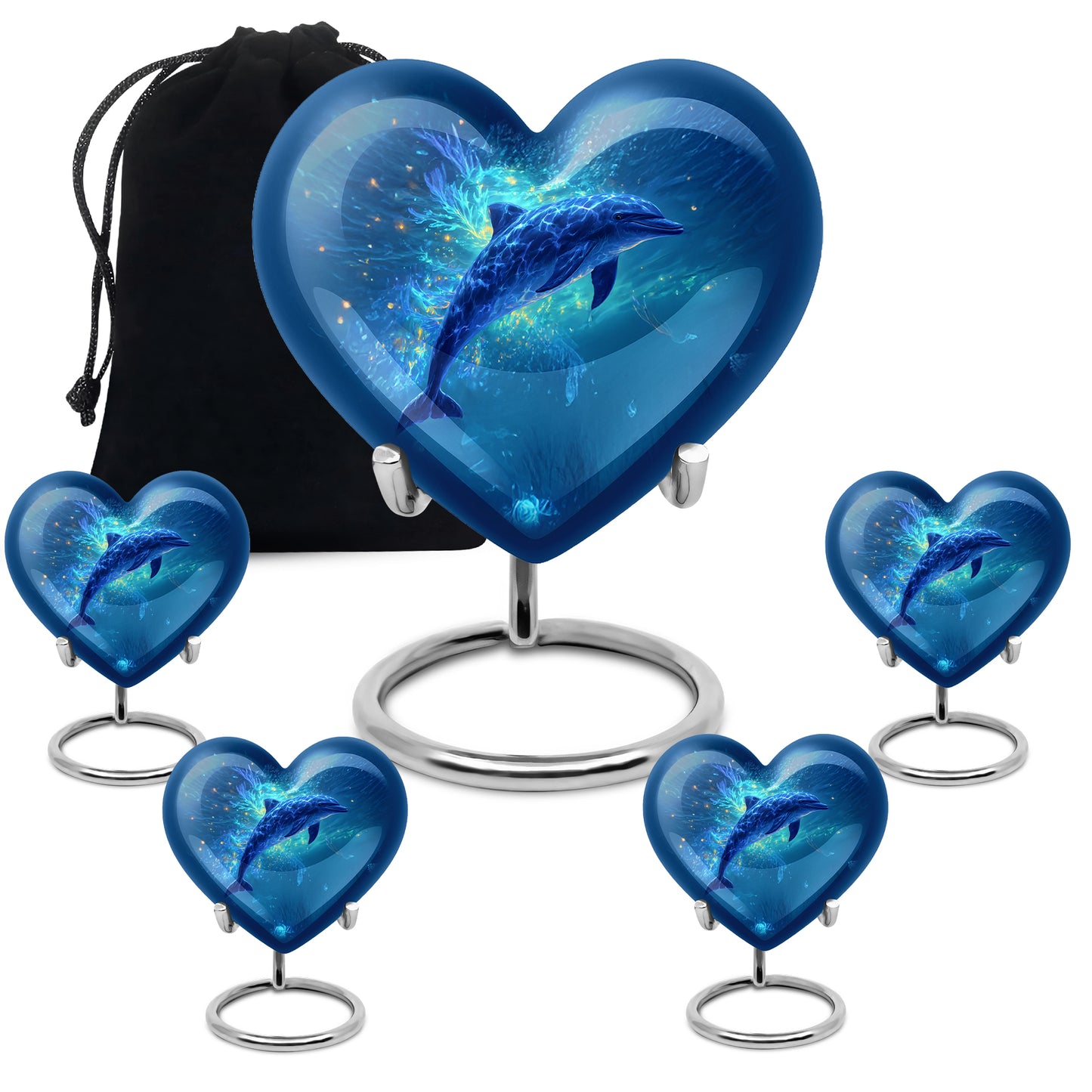 Misty Blue Dolphin Cremation Urn close-up of engraving and surface detail - heart-shaped dolphin design symbolizing eternal love - memorial set with one large and four small urns