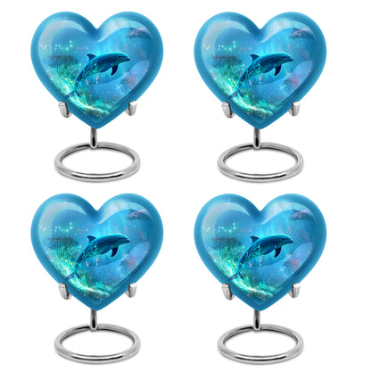 Slate Blue Dolphin Cremation Urn angled view of lid and engraved motif - heart-shaped dolphin design symbolizing eternal love - 10 inch aluminum urn for cremated remains