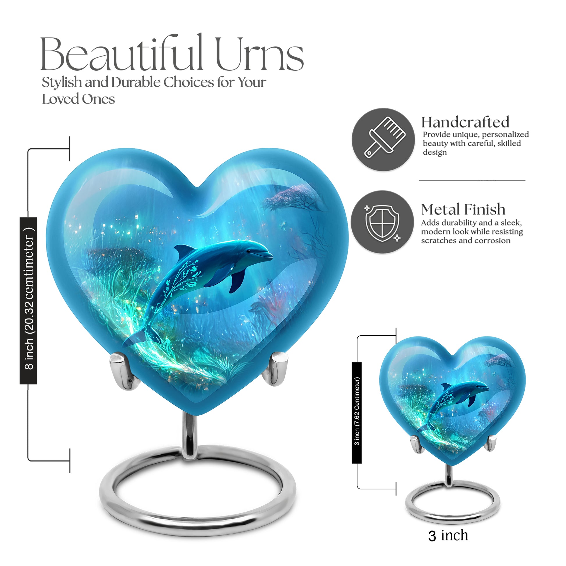 Celestial Blue Dolphin Cremation Urn front view showing detailed design - heart-shaped dolphin design symbolizing eternal love - mini keepsake memorial for portion of cremation ashes