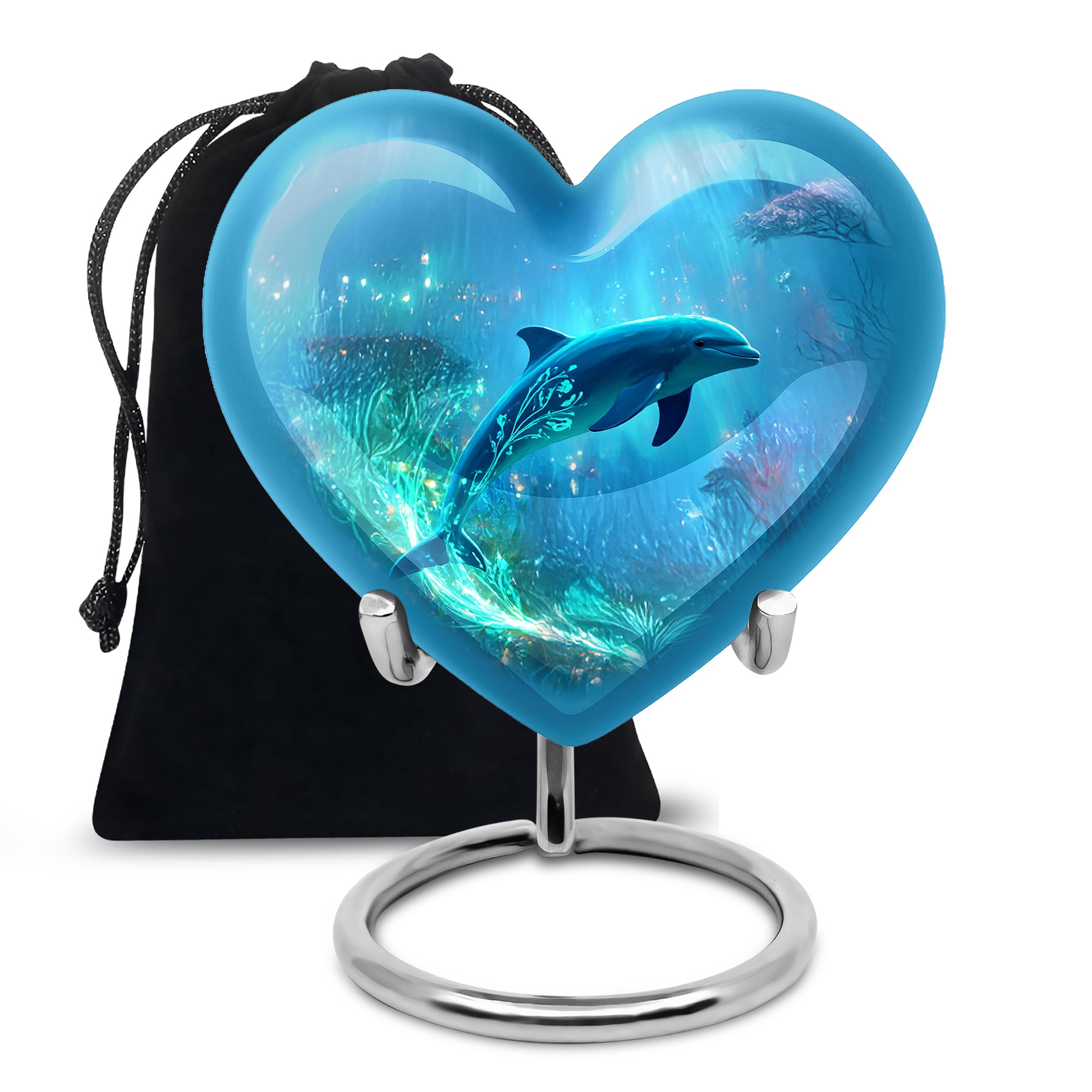 Azure Dolphin Cremation Urn detail view - heart-shaped dolphin design symbolizing eternal love - full-size 10 inch 200 cubic inch adult cremation urn