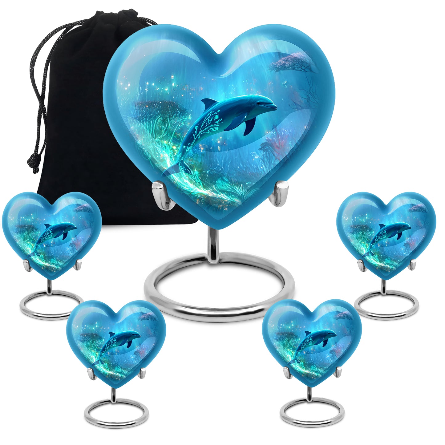Bright Blue Dolphin Cremation Urn close-up of engraving and surface detail - compassionate heart-dolphin combination with gentle curves - memorial set with one large and four small urns