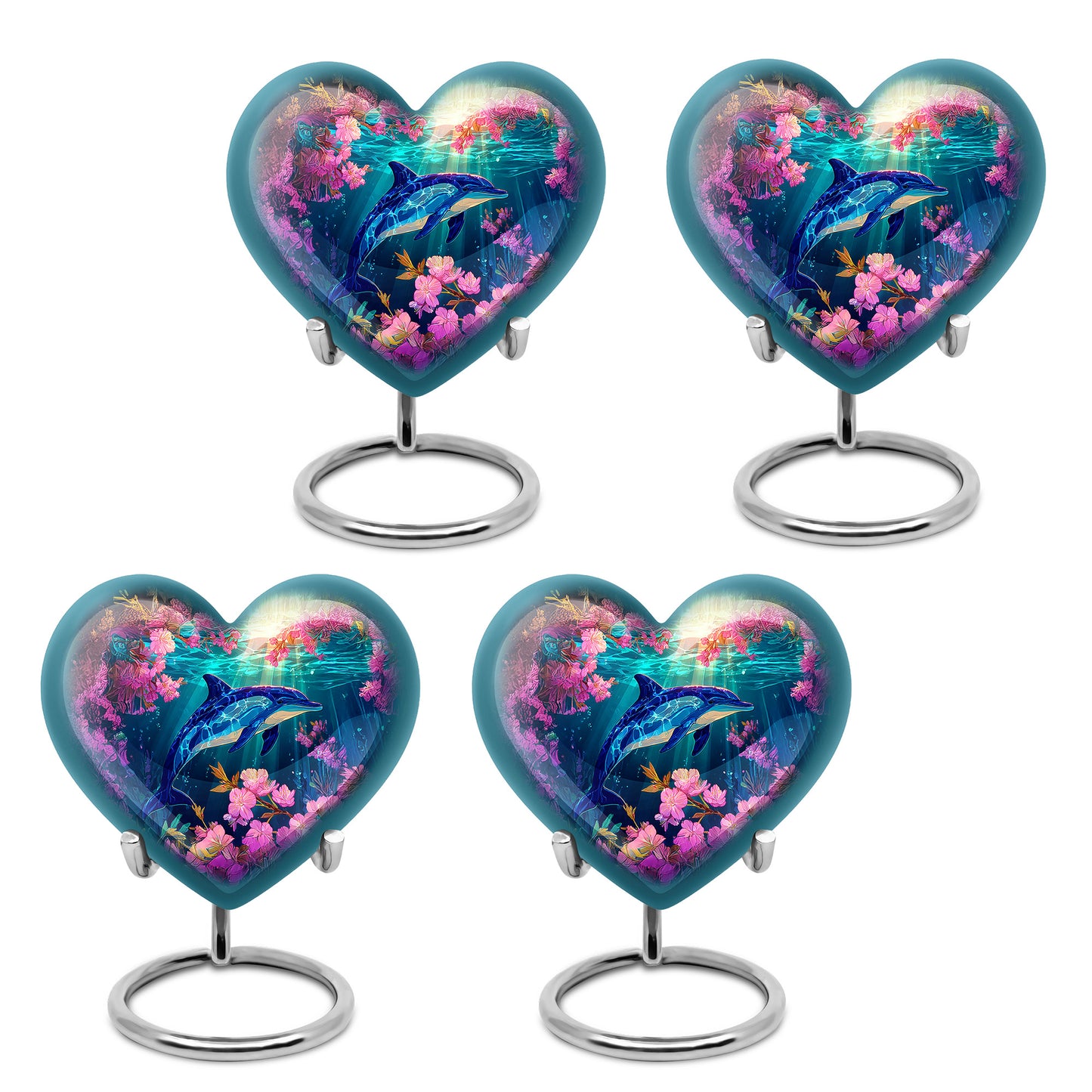 Gilded Gold Dolphin Cremation Urn angled view of lid and engraved motif - heart-shaped dolphin design symbolizing eternal love - 10 inch aluminum urn for cremated remains