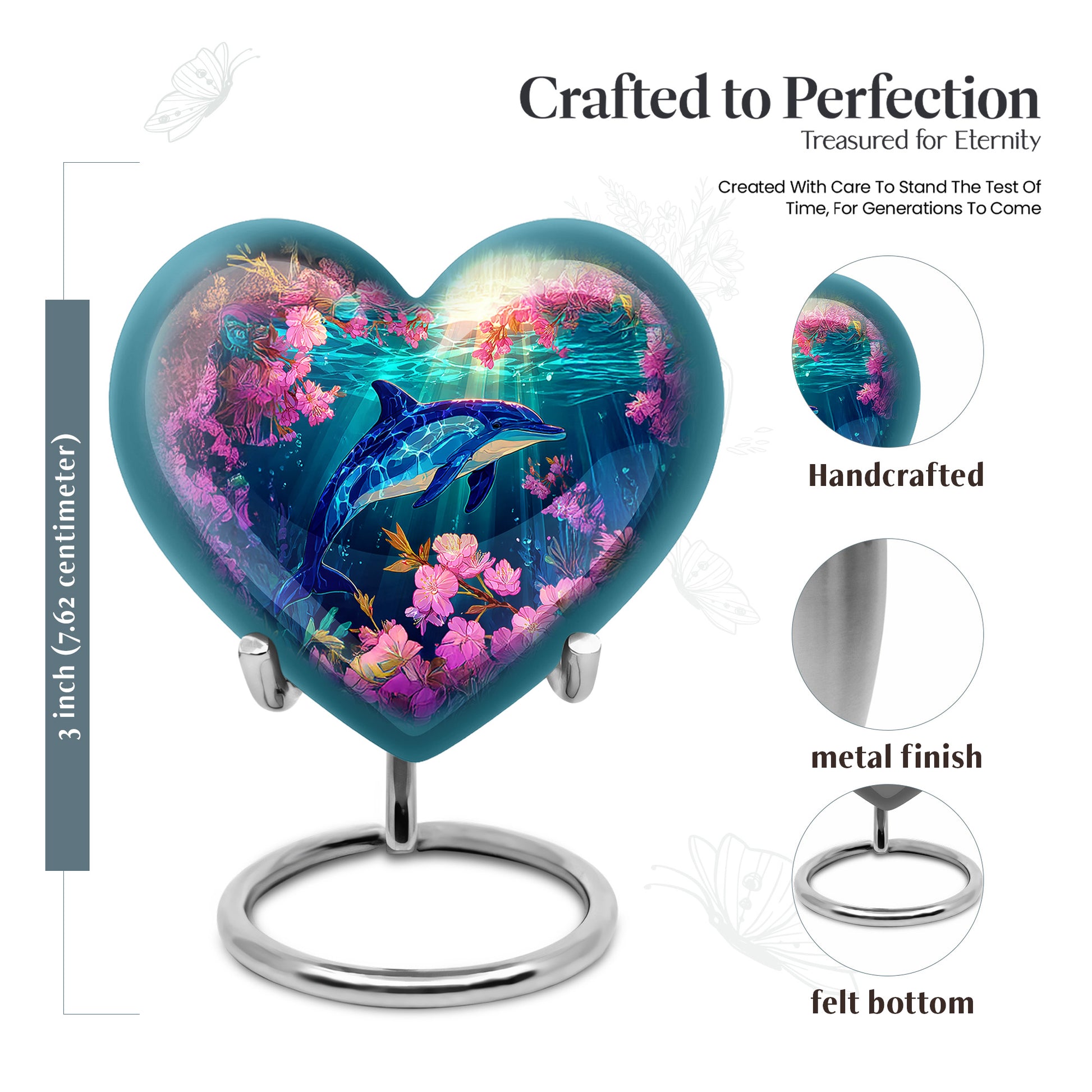 Harvest Gold Dolphin Cremation Urn front view showing detailed design - romantic heart urn with dolphin motif on aluminum - mini keepsake memorial for portion of cremation ashes