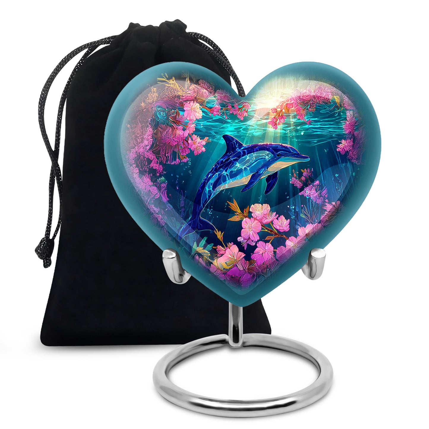 Antique Gold Dolphin Cremation Urn detail view - heart-shaped dolphin design symbolizing eternal love - full-size 10 inch 200 cubic inch adult cremation urn