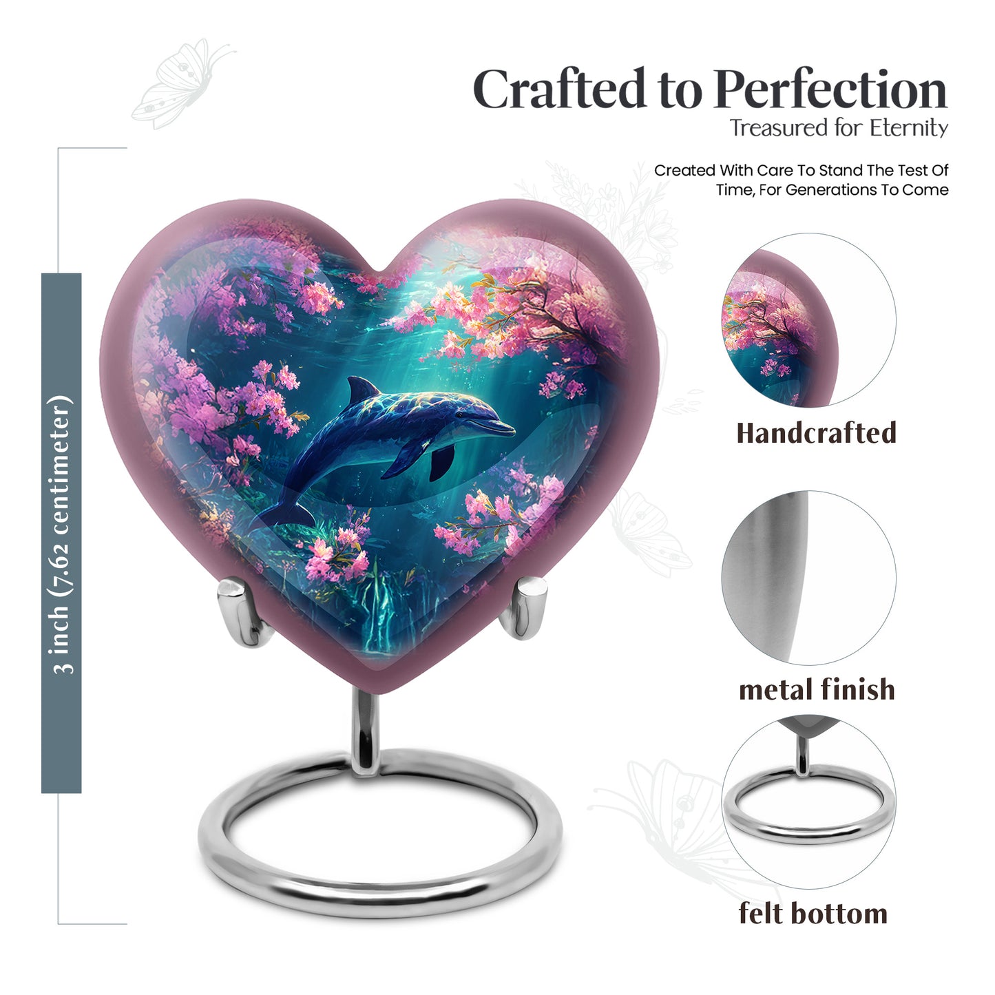 Soft Pink Dolphin Cremation Urn front view showing detailed design - compassionate heart-dolphin combination with gentle curves - mini keepsake memorial for portion of cremation ashes