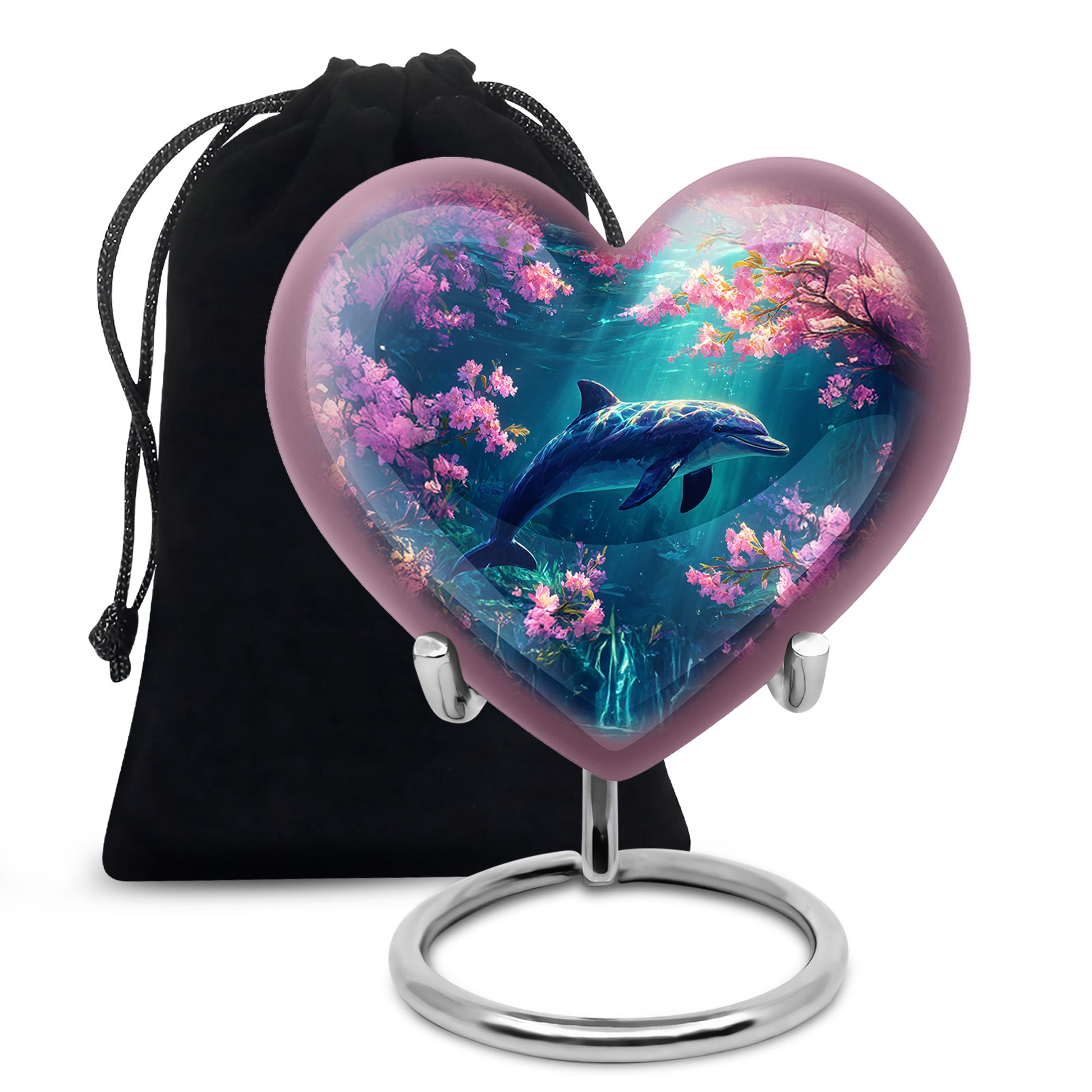 Soft Pink Dolphin Cremation Urn detail view - compassionate heart-dolphin combination with gentle curves - full-size 10 inch 200 cubic inch adult cremation urn