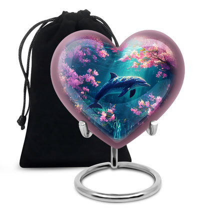 Soft Pink Dolphin Cremation Urn detail view - compassionate heart-dolphin combination with gentle curves - full-size 10 inch 200 cubic inch adult cremation urn
