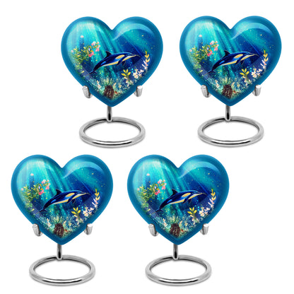 Sea Green Teal Dolphin Cremation Urn angled view of lid and engraved motif - loving heart memorial featuring dolphin pattern - 10 inch aluminum urn for cremated remains