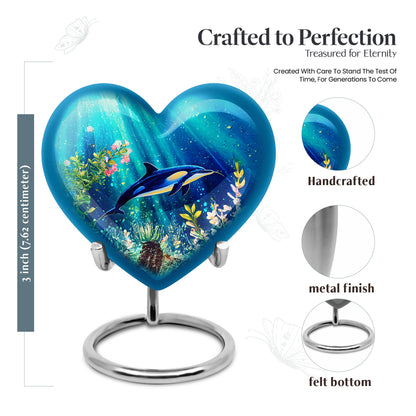 Jewel Teal Dolphin Cremation Urn front view showing detailed design - heart-shaped dolphin design symbolizing eternal love - mini keepsake memorial for portion of cremation ashes