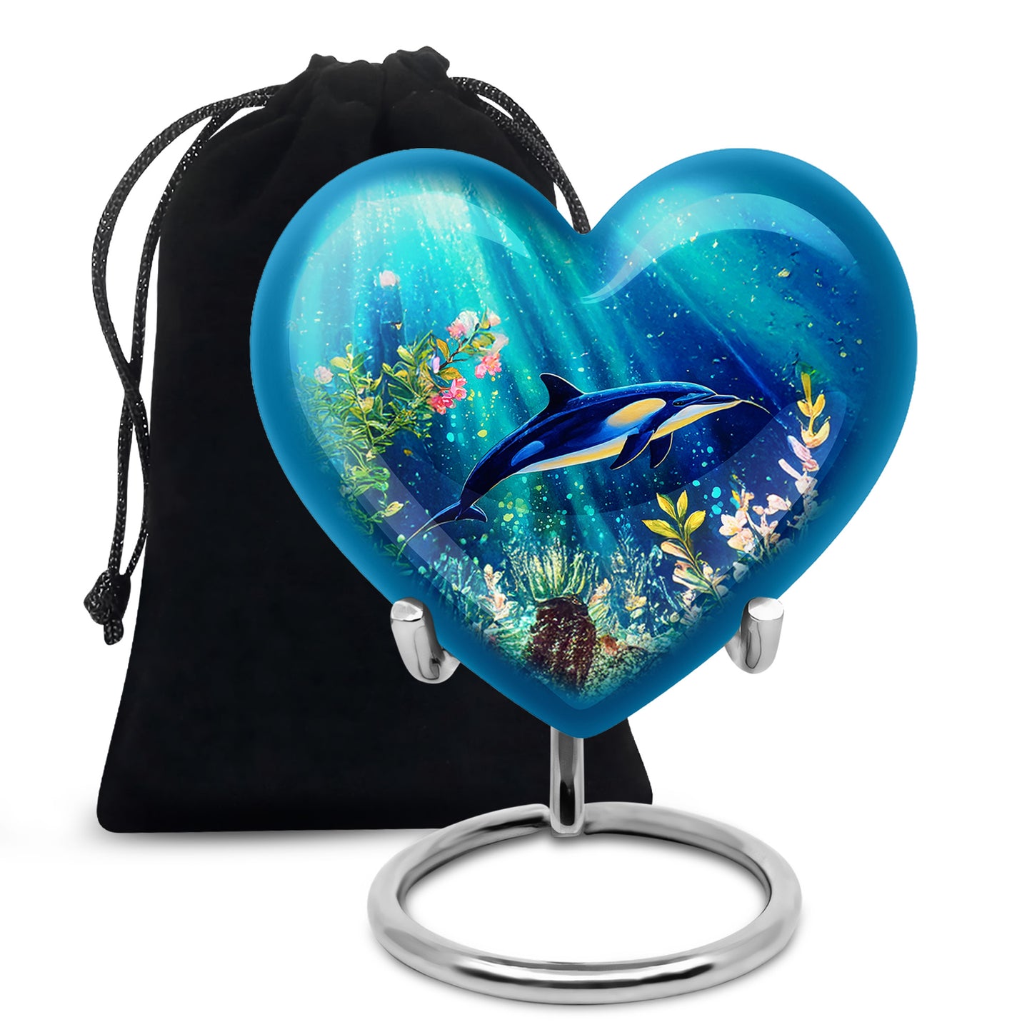 Aqua Teal Dolphin Cremation Urn detail view - romantic heart urn with dolphin motif on aluminum - full-size 10 inch 200 cubic inch adult cremation urn