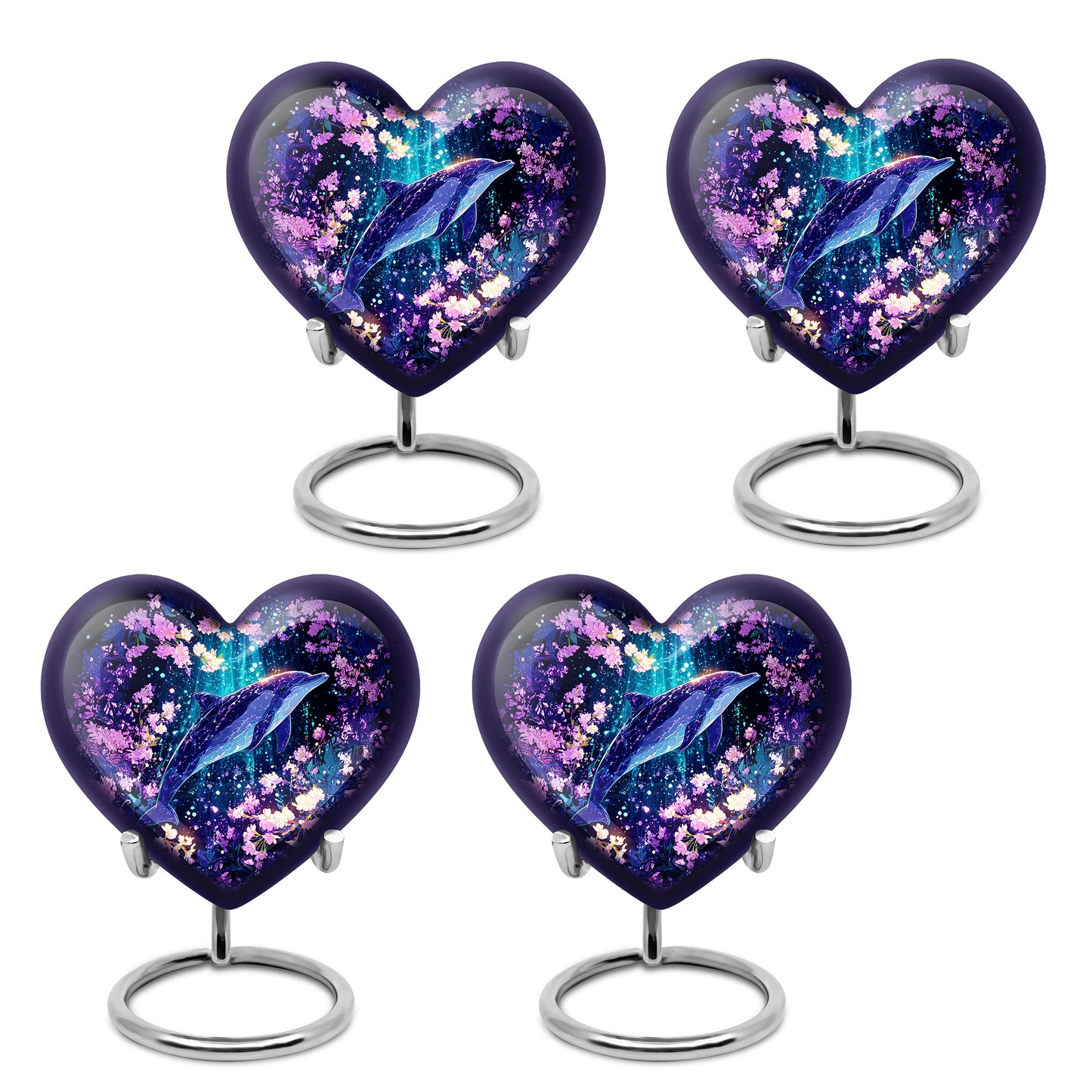 Dusty Blue Dolphin Cremation Urn angled view of lid and engraved motif - heart-shaped dolphin design symbolizing eternal love - 10 inch aluminum urn for cremated remains
