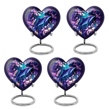 Dusty Blue Dolphin Cremation Urn angled view of lid and engraved motif - heart-shaped dolphin design symbolizing eternal love - 10 inch aluminum urn for cremated remains
