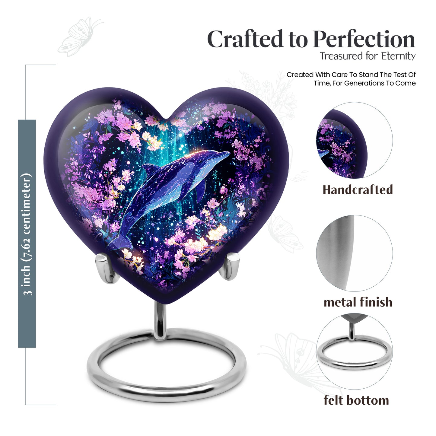Celestial Blue Dolphin Cremation Urn front view showing detailed design - loving heart memorial featuring dolphin pattern - mini keepsake memorial for portion of cremation ashes