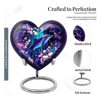 Celestial Blue Dolphin Cremation Urn front view showing detailed design - loving heart memorial featuring dolphin pattern - mini keepsake memorial for portion of cremation ashes