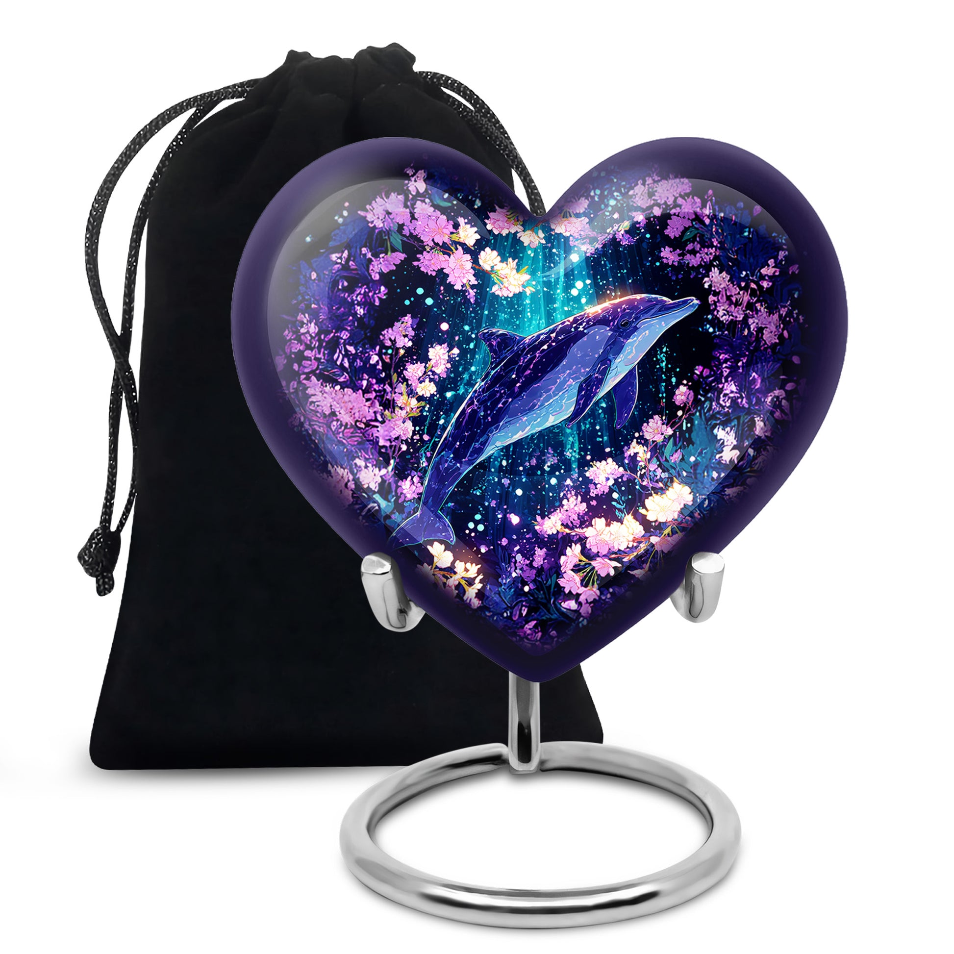 Bright Blue Dolphin Cremation Urn detail view - compassionate heart-dolphin combination with gentle curves - full-size 10 inch 200 cubic inch adult cremation urn