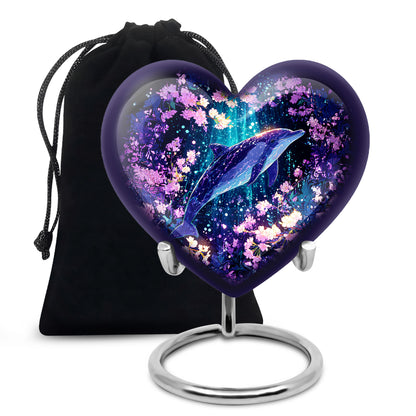 Bright Blue Dolphin Cremation Urn detail view - compassionate heart-dolphin combination with gentle curves - full-size 10 inch 200 cubic inch adult cremation urn