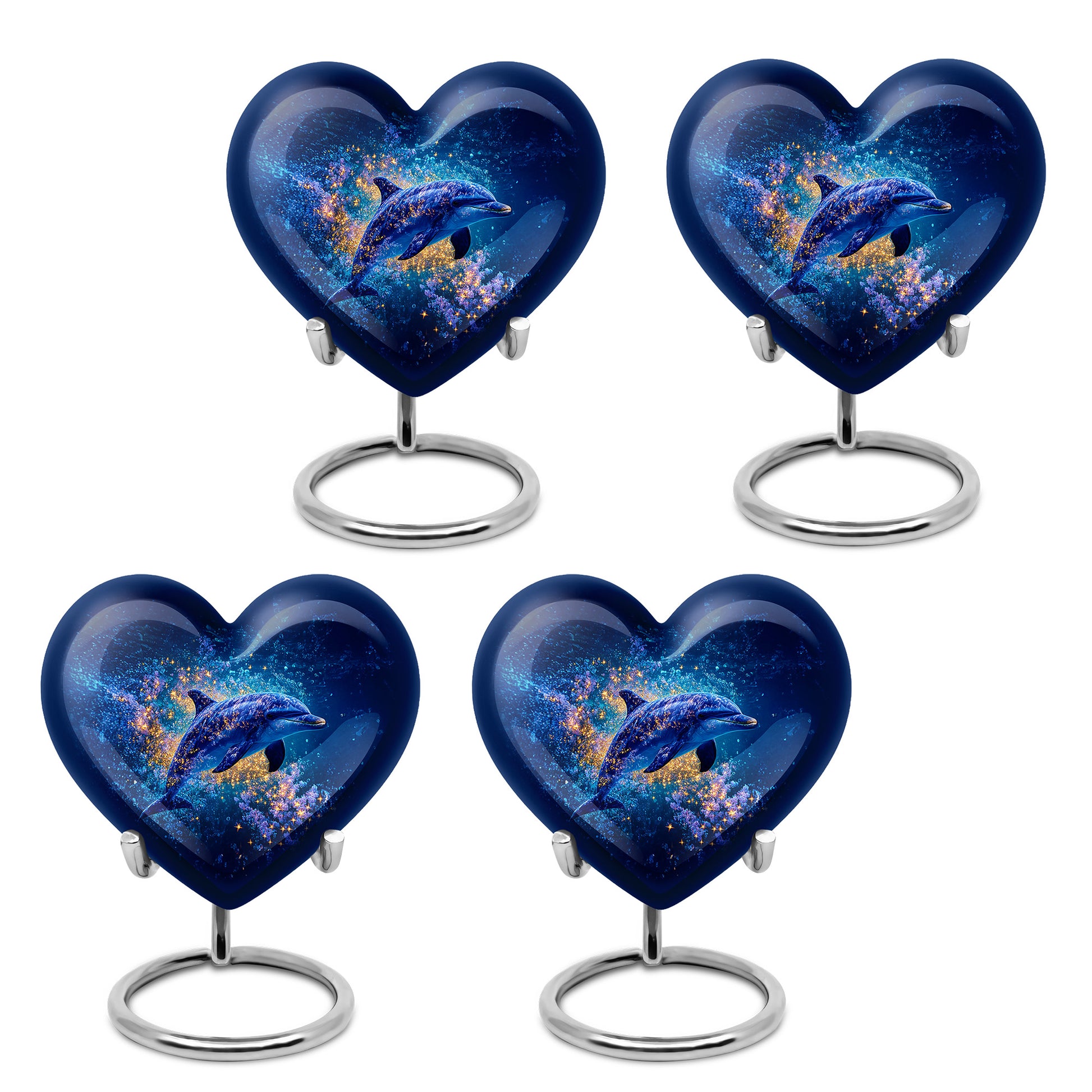 Cornflower Blue Dolphin Cremation Urn angled view of lid and engraved motif - compassionate heart-dolphin combination with gentle curves - 10 inch aluminum urn for cremated remains