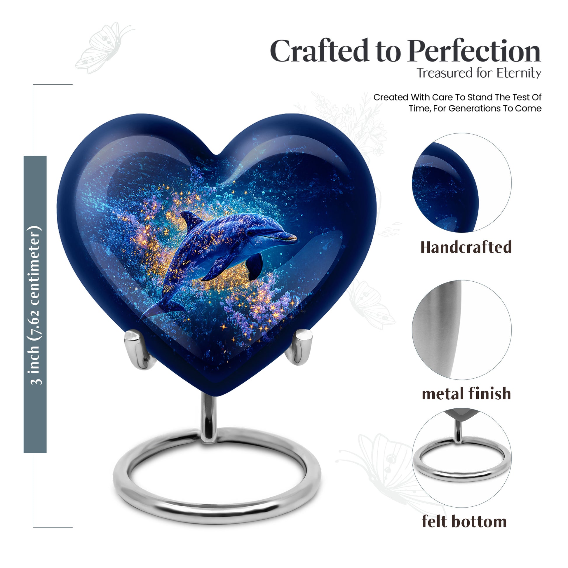 Calming Blue Dolphin Cremation Urn front view showing detailed design - romantic heart urn with dolphin motif on aluminum - mini keepsake memorial for portion of cremation ashes