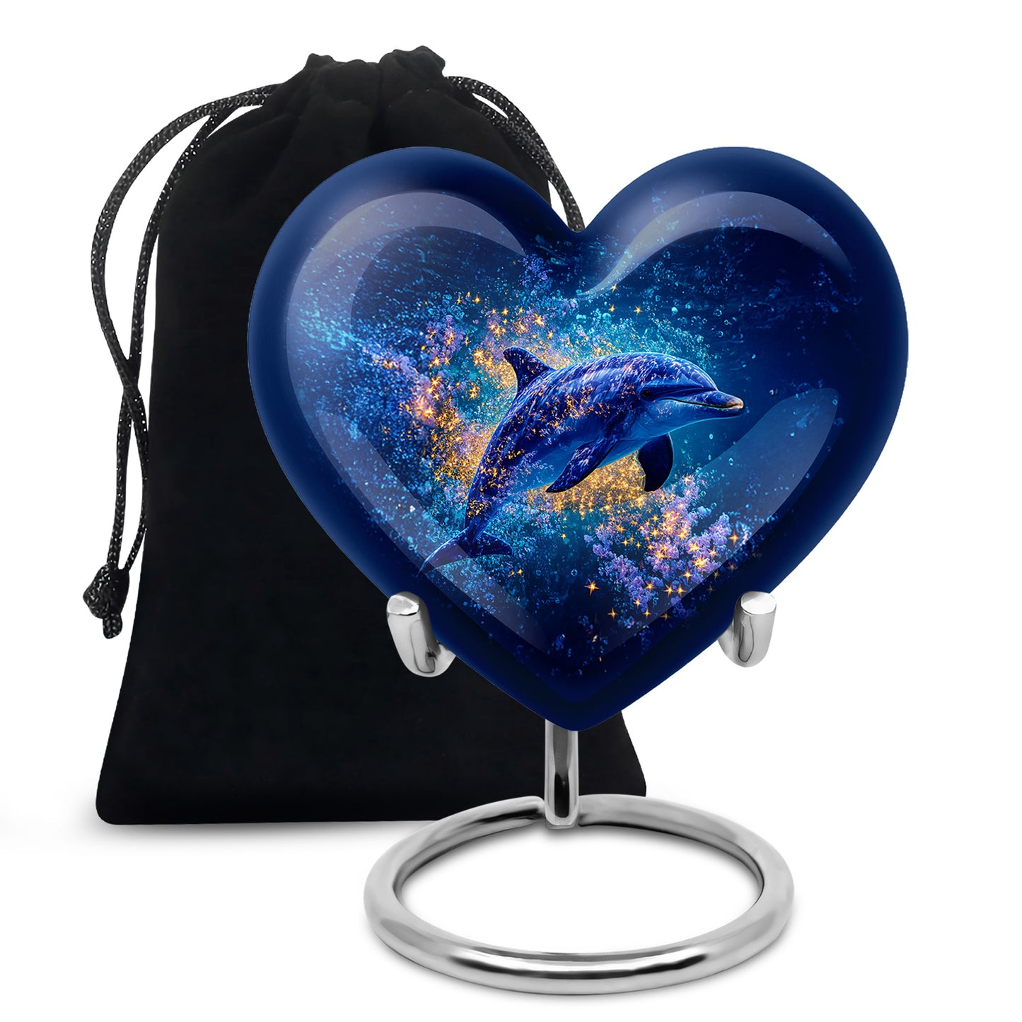 Indigo Dolphin Cremation Urn detail view - heart-shaped dolphin design symbolizing eternal love - full-size 10 inch 200 cubic inch adult cremation urn