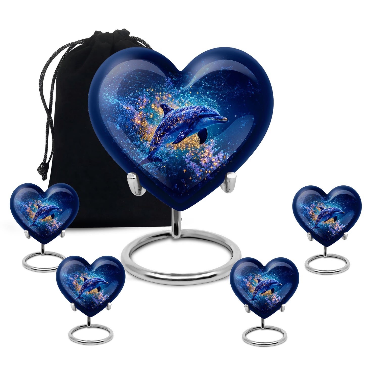 Icy Blue Dolphin Cremation Urn close-up of engraving and surface detail - heart-shaped dolphin design symbolizing eternal love - memorial set with one large and four small urns
