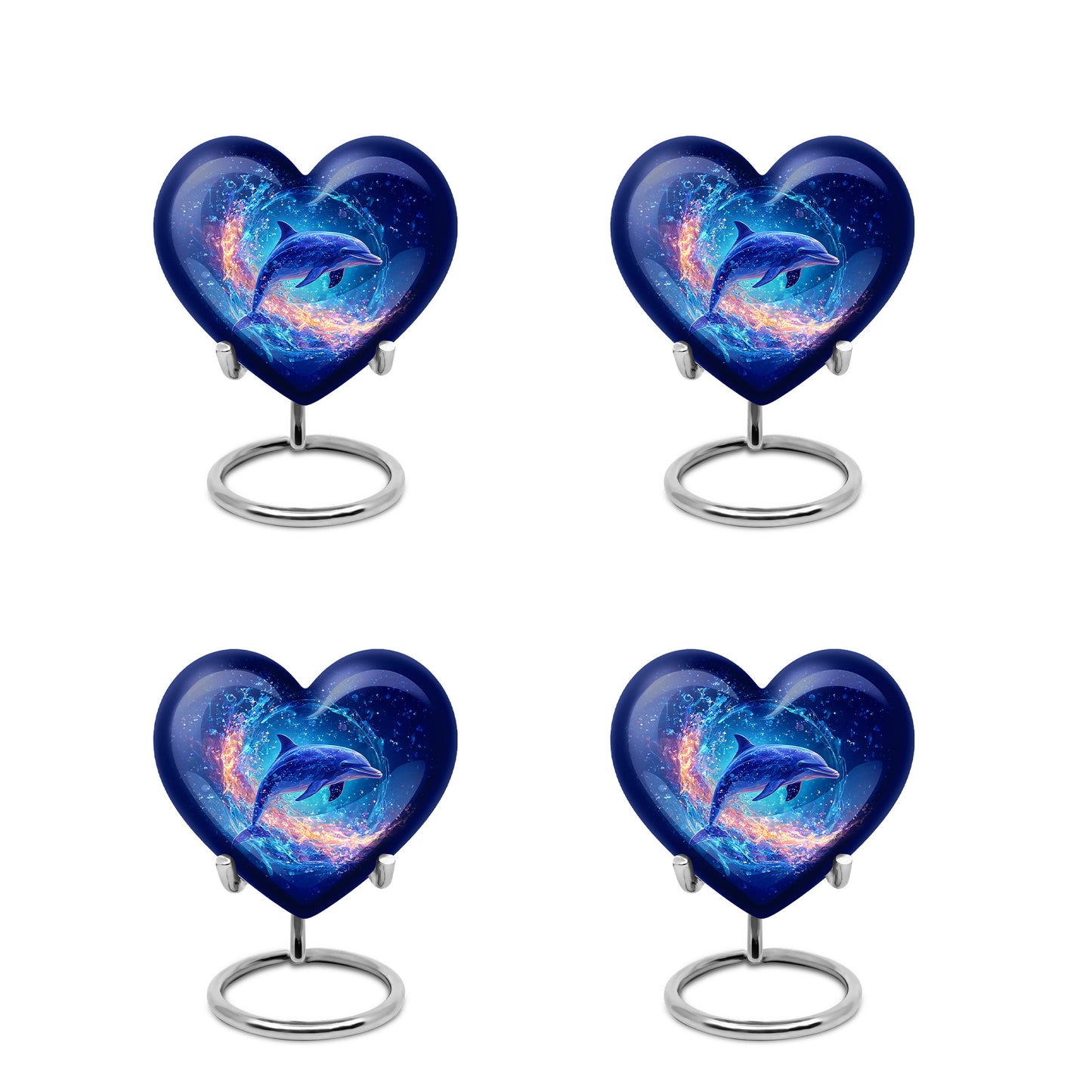 Sapphire Blue Dolphin Cremation Urn angled view of lid and engraved motif - compassionate heart-dolphin combination with gentle curves - 10 inch aluminum urn for cremated remains