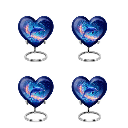 Sapphire Blue Dolphin Cremation Urn angled view of lid and engraved motif - compassionate heart-dolphin combination with gentle curves - 10 inch aluminum urn for cremated remains