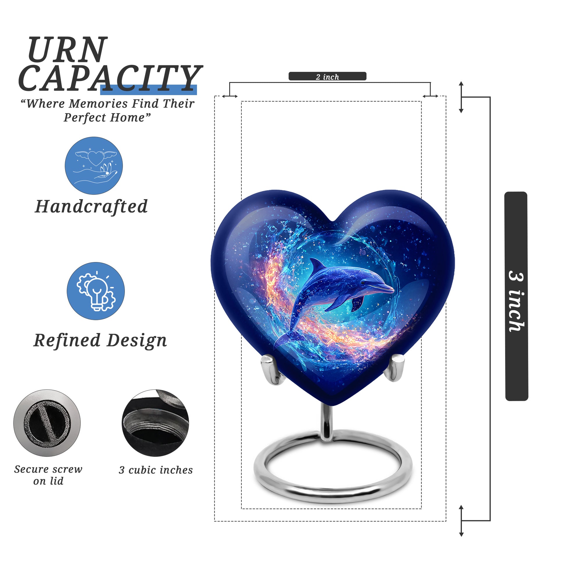 Serene Blue Dolphin Cremation Urn front view showing detailed design - compassionate heart-dolphin combination with gentle curves - mini keepsake memorial for portion of cremation ashes